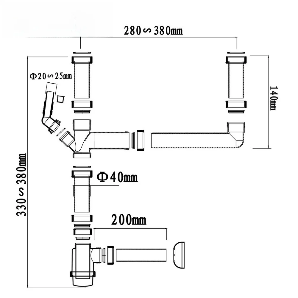 Sink Wall Mounted Double Drain Pipe with U-Bend Trap Design for Prevention Made of PP Material for Kitchen Use