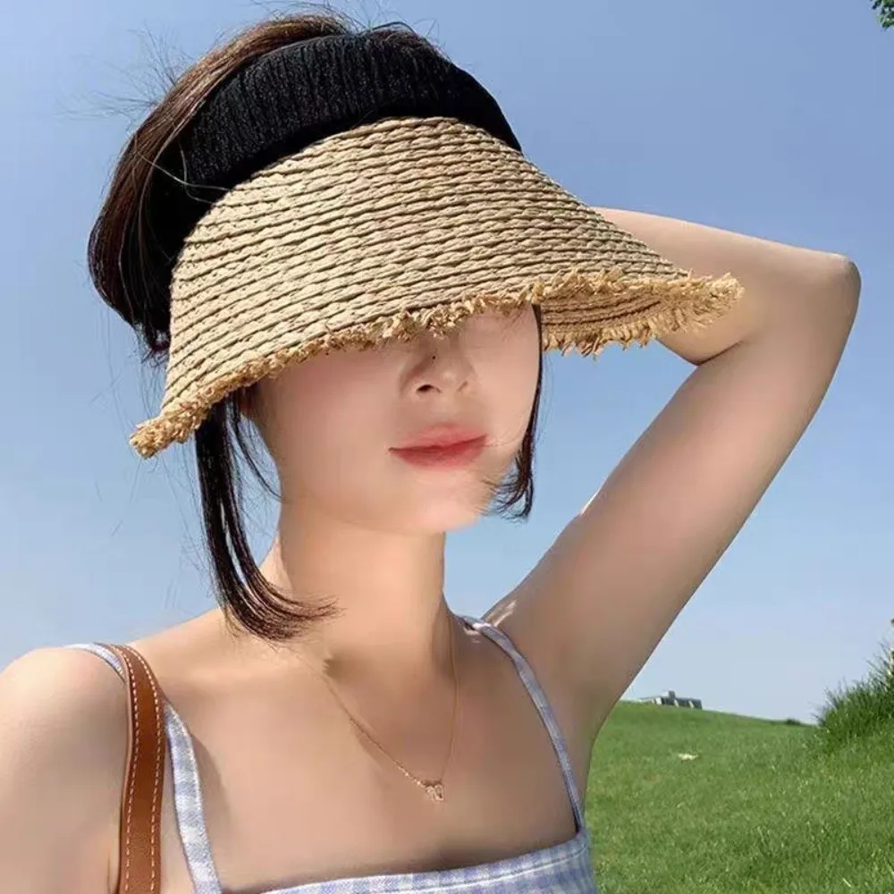 

Woven Straw Visor Cap Hollow Breathable Empty Top Hat Big Head Circumference Adjustable Summer Sun Cap Seaside