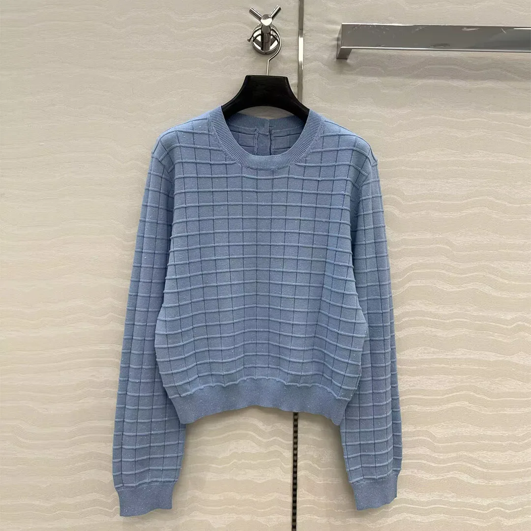 

Новинка 2024 года, осенний люрексовый синий клетчатый повседневный вязаный пуловер, женский свитер с круглым вырезом и длинными рукавами на спине, шерстяной свитер, милый джемпер