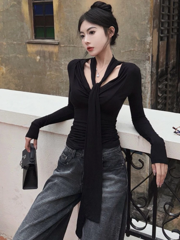 Korean Vintage All Match Solid T-shirts Long Sleeve V Neck Chic Bottoming Tshirts Y2k Aesthetic Grunge Simple Tee Shirts Women