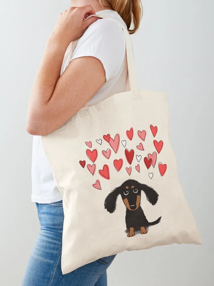 

Cute Dachshund Puppy Dog with Valentine Hearts Tote Bag custom bags canvas shopping bag Women's shopper