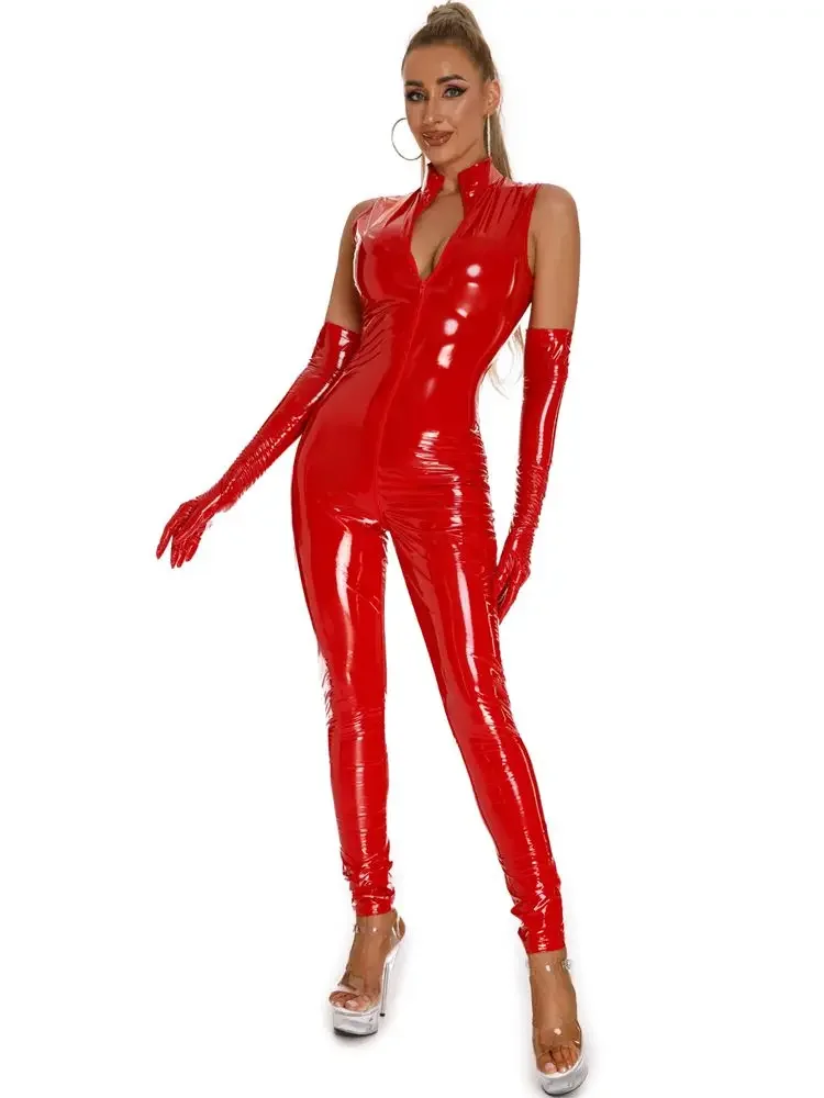 Sleeveless PVC Catsuit Shiny PU Leather Cosplay Jumpsuit Leotard Sexy Zipper Open Crotch Bodysuit Clubwear Unitard Body Swimsuit