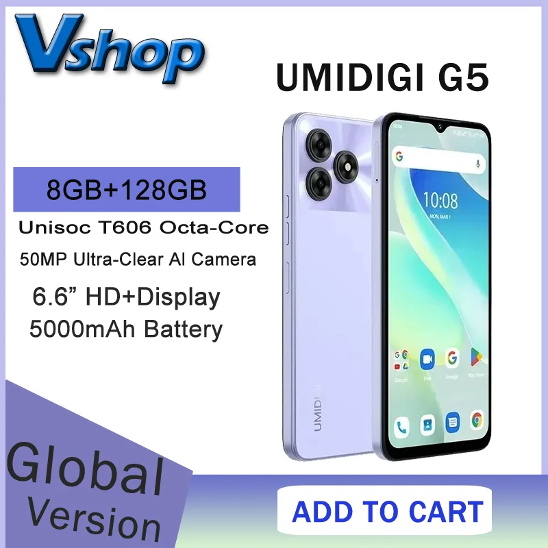 UMIDIGI G5 Smartphone 8GB RAM+128GB ROM 50MP Camera 5000mAh Battery 6.6inch Android 13 Unisoc T606 Octa Dual SIM 4G Cellphon