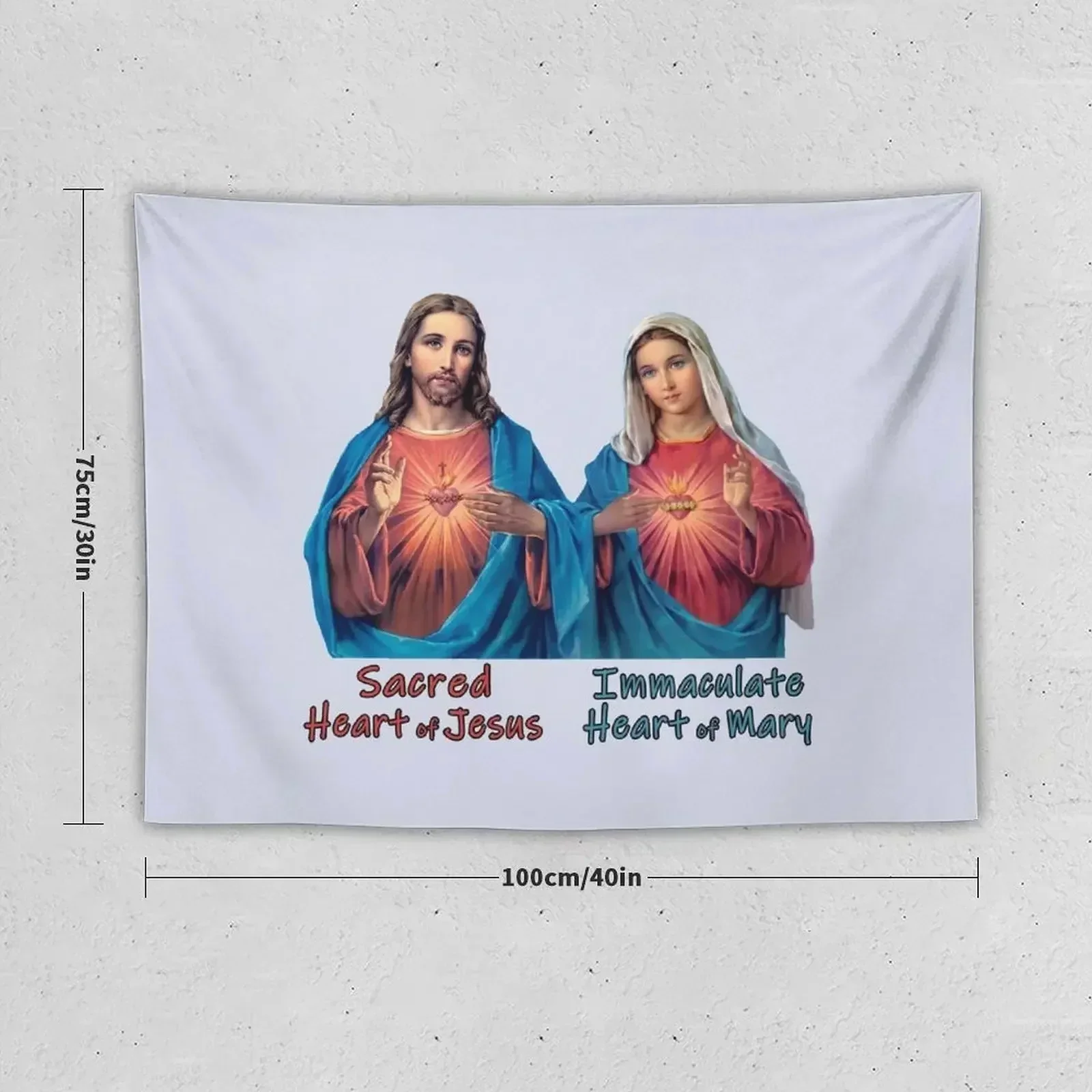 Traditional Sacred and Immaculate Hearts (Jesus and Mary) Typography, Transparent background Tapestry