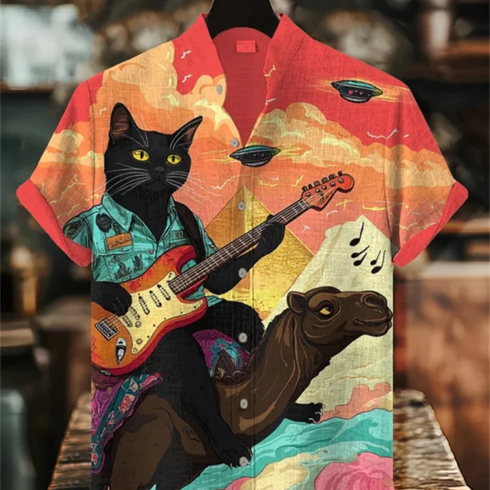 Męska koszula letnia z krótkim rękawem, abstrakcyjny nadruk 3D z kreskówkowym kotem, stójka, zapinana na guziki, modna odzież hawajska.