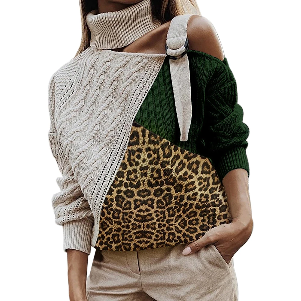 Autunno inverno manica lunga maglione top donna Patchwork dolcevita maglione Sexy Off spalla fibbia Pullover lavorato a maglia Pull maglieria
