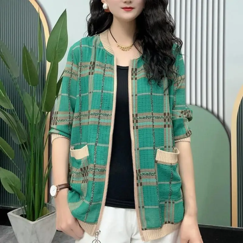 Damenmode Vintage Plaid Reiß verschluss Mantel lässig weibliche Kleidung Kontrast farbe Langarm Pendelt aschen gespleißt Strickjacke