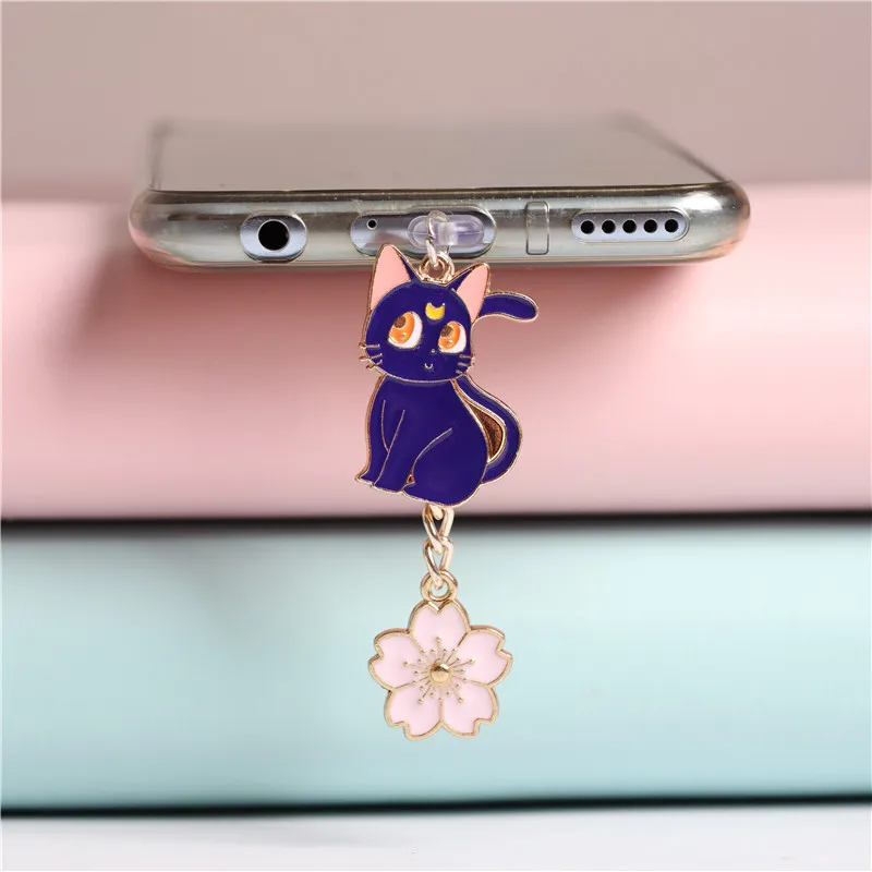 Wtyczka do kurzu Anime Charm Kawaii Moon Cat Charge Plug dla iPhone Anti Cap typu C korek chroniący przed kurzem wisiorek