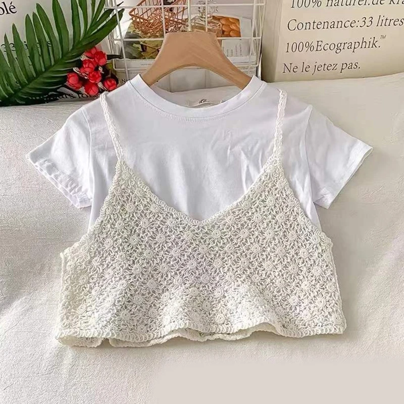 Women Vintage French Crochet Sleeveless Camisole Vintage Hollow Out Knit Floral Crop Top Sexy V-Neck Beach Mini Vest