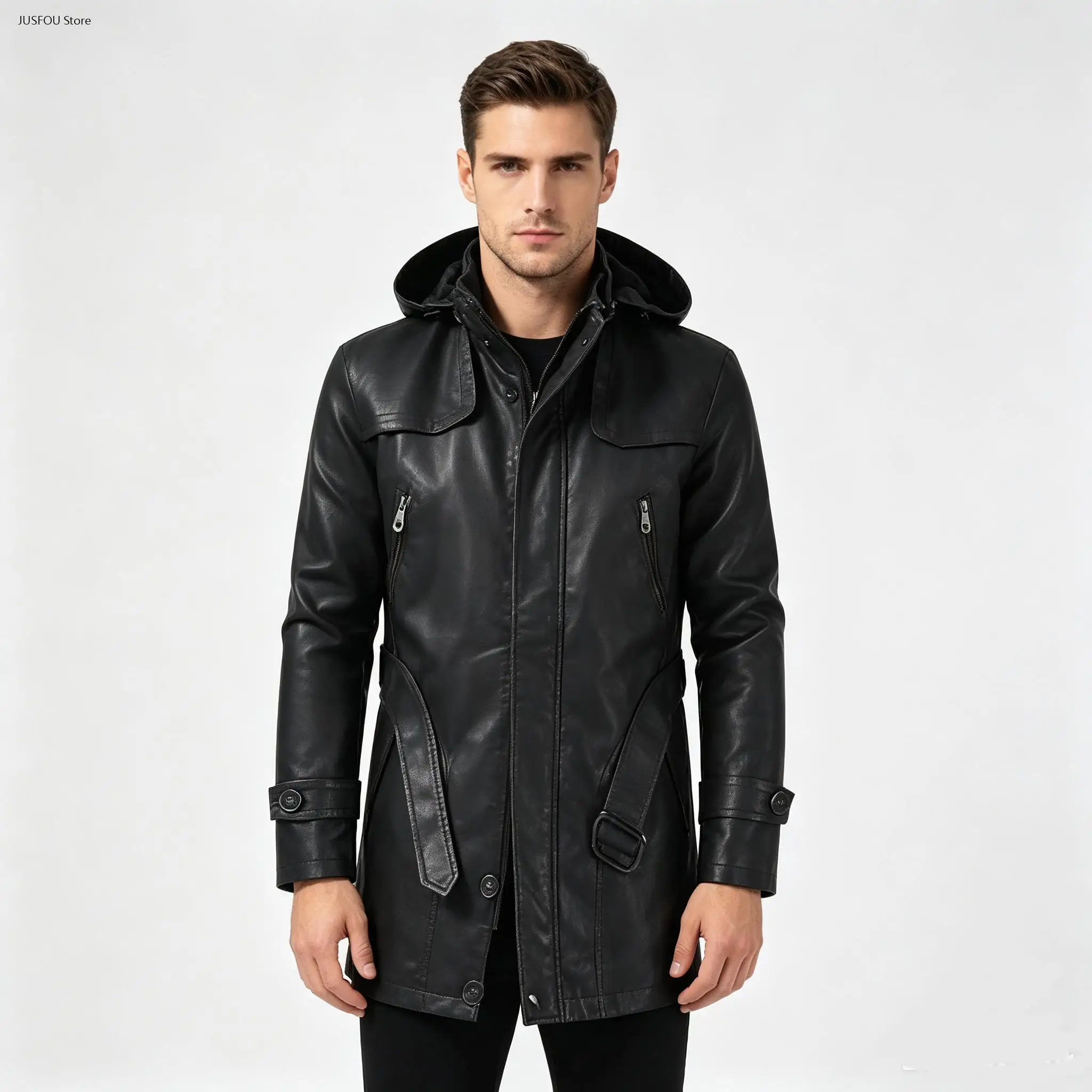 Men Hooded Leather Jacket Warm Winter Motorcycle Extended Coat Slim Fit Windproof Casual Outerwear Multi Pocket Leather Jackets