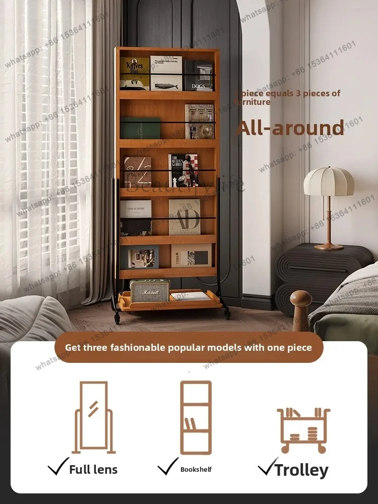 removable full body mirror floor mirror household storage magazine rack bedroom mobile fitting
