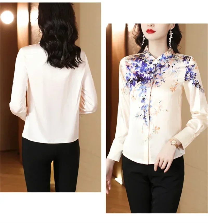 Women\'s Blouse Printed Satin Summer Shirts Lapels Long Sleeves Faux Silk Shirt Female Elegant Blouses Blusas Para Mujer 6673