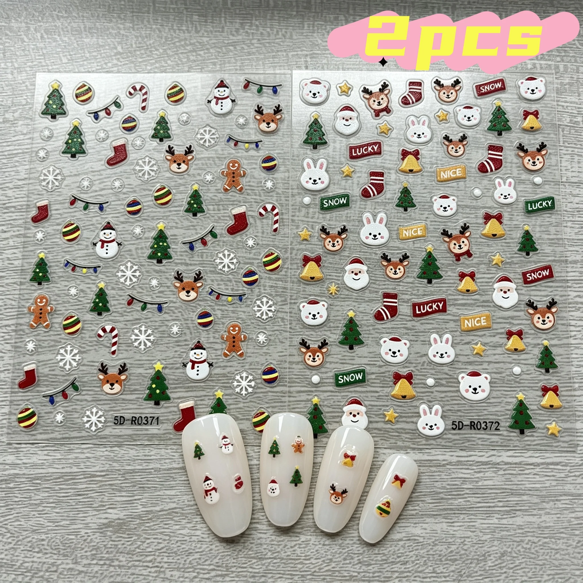 2Pcs Gingerbread Man Bell Snowflake Cartoon Xmas Nail Stickers 5D Christmas Nail Decals Women Girls Festival Party DIY Manicure*