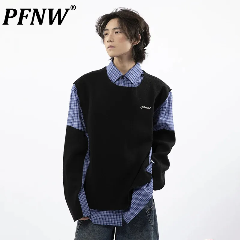 

PFNW Korean Fake Two Piece Splicing Knitted Sweater Men's Lapel Plaid Design Casual Clothing Loose Versatile Tops Trendy 28W4818