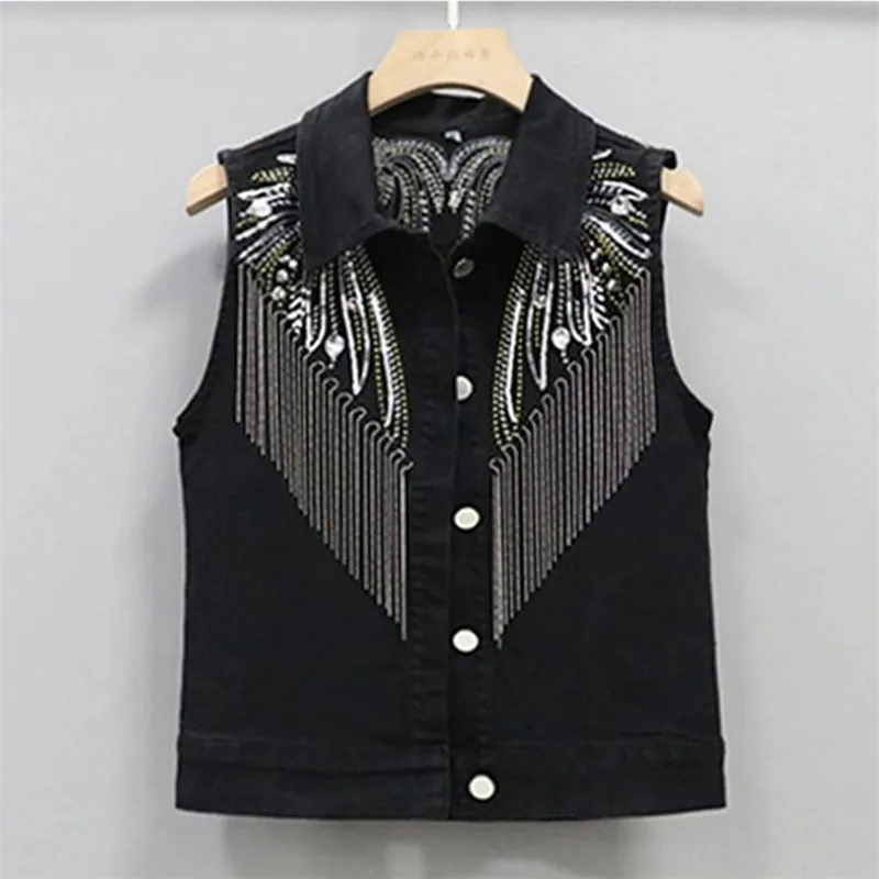 New Fashion Black Denim Vest Women\'s Jacket 2023 Spring Antumn Rivet Tassel Sequin Fit Short Slim Lady Vests Female Outerwear