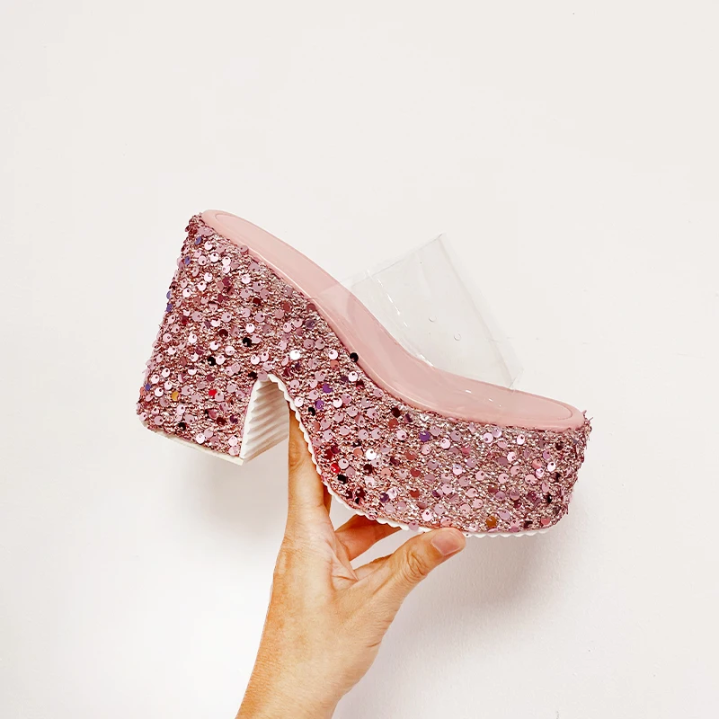

Summer PVC Transparen Sequin Cloth Platform Open Toe Women's Slippers Designer Square High Heels Shoes Zapatos De Mujer