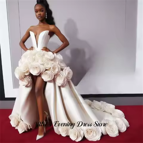 VINES Ivory Luxury Evening Gown High Low Prom Dress Deep V Neck Wedding Dress with 3D Rose Appliques robes de soir&eacute;e Customized
