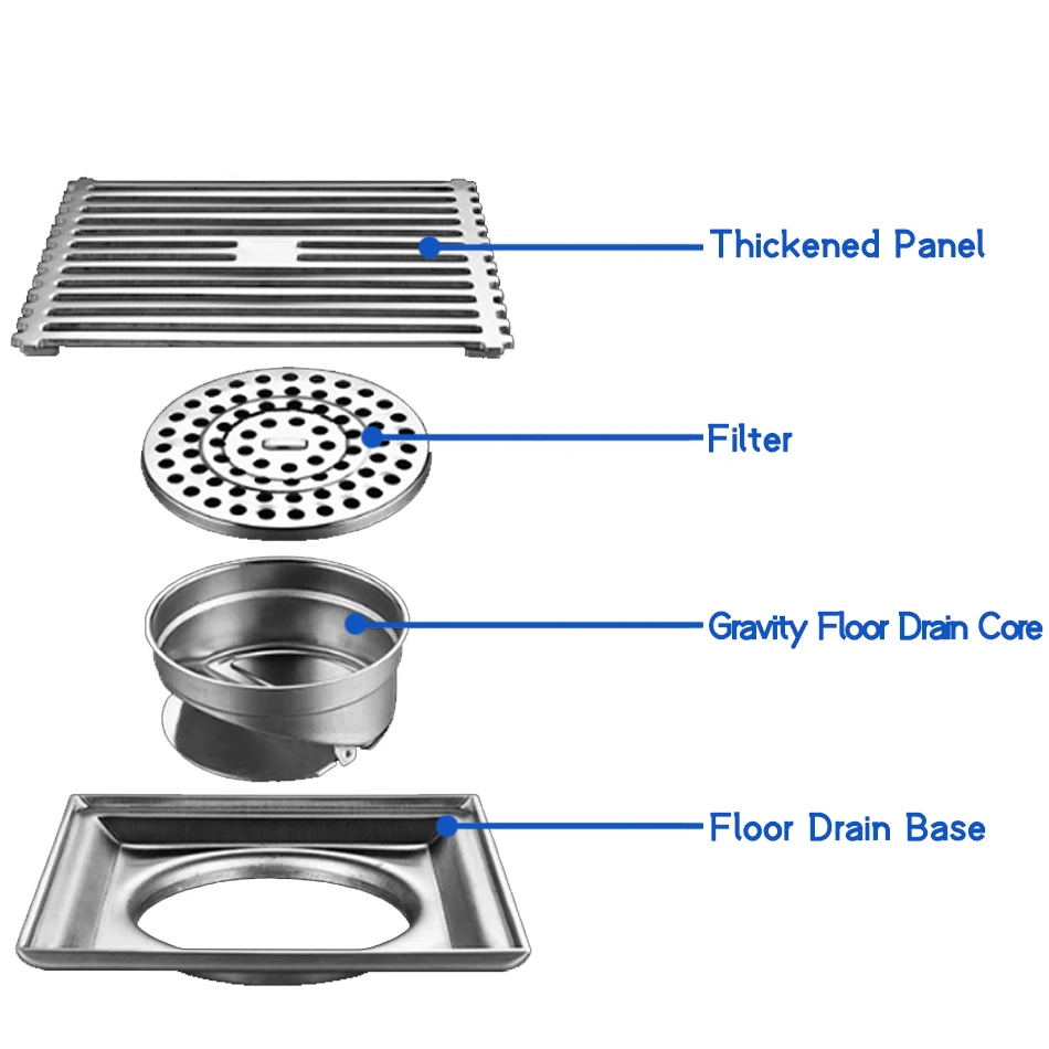 Floor Drain SUS 304 Stainless Steel Square Sliver Anti-odor Bathroom Shower Drainage Floor Drains for Balcony Lavatory Kitchen