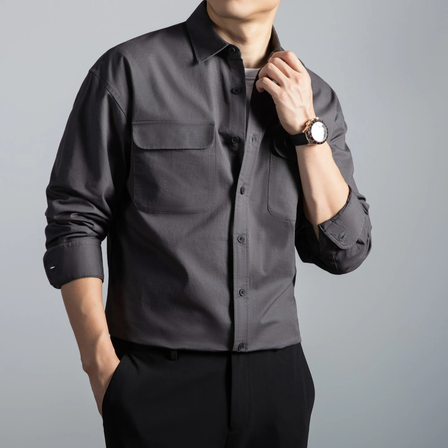 Premium 100% Cotton Men's Casual Shirt Double Pocket Workwear Style Long Sleeve Breathable Button Down Military Tactical Top