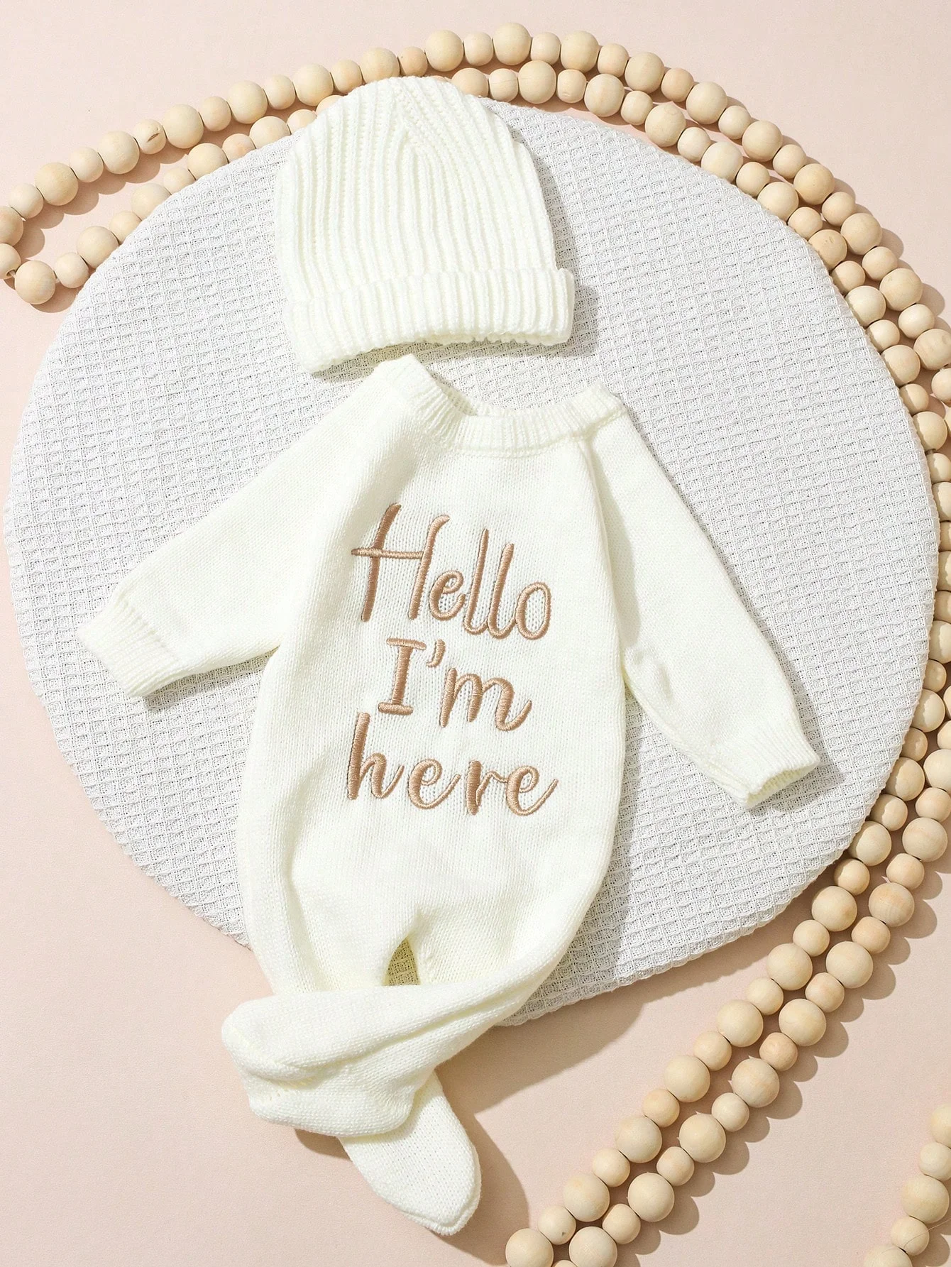 Ylsteed 2Pcs Newborn Photography Knitted Onesie With Hello Knit Embroidery Baby Outfit Suit Perfect For Newborn Photo Shoots-HD
