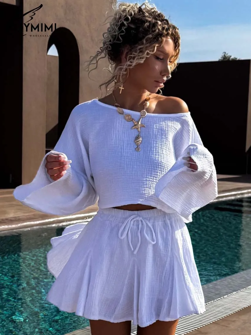 오이미미 우아한 화이트 코튼 여성용 2피스 세트, 패션 O넥 긴팔 크롭탑과 드로스트링 플리츠 미니스커트 세트