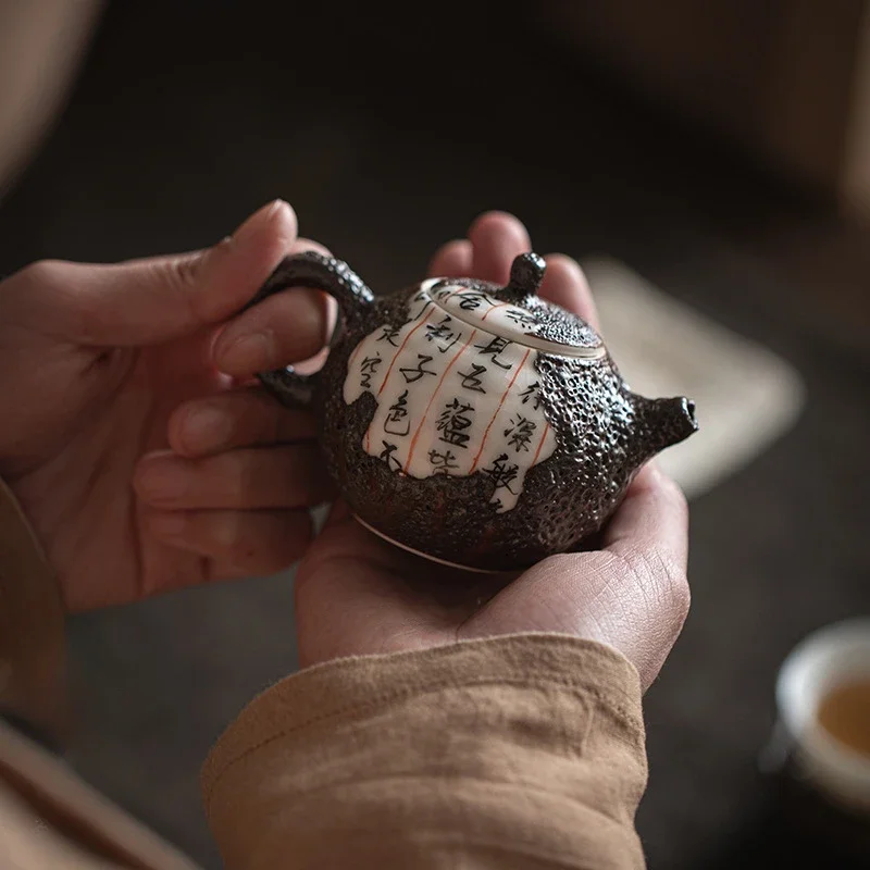 Master Handmade Firewood Tea Set Literati Pot Heart Sutra Fragmented Ceramic Hand-held Teapot Teapots for Infusions Teaware Bar