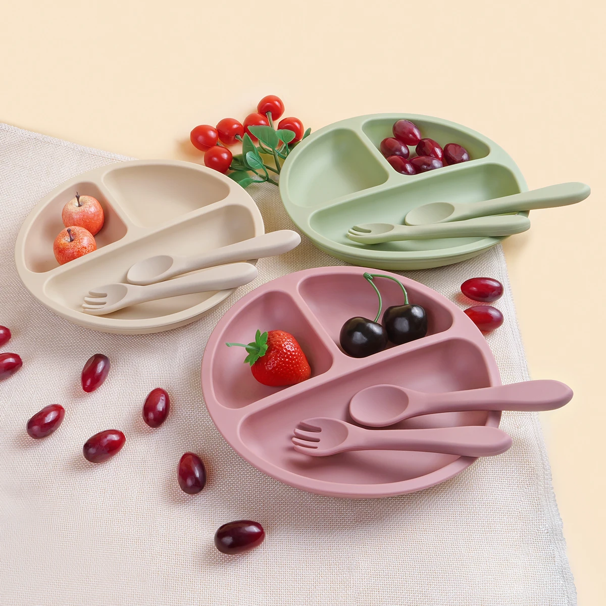 3 pçs bebê placa de jantar de silicone com sucção segura dos desenhos animados crianças pratos alimentação da criança treinamento utensílios de mesa crianças colher garfo