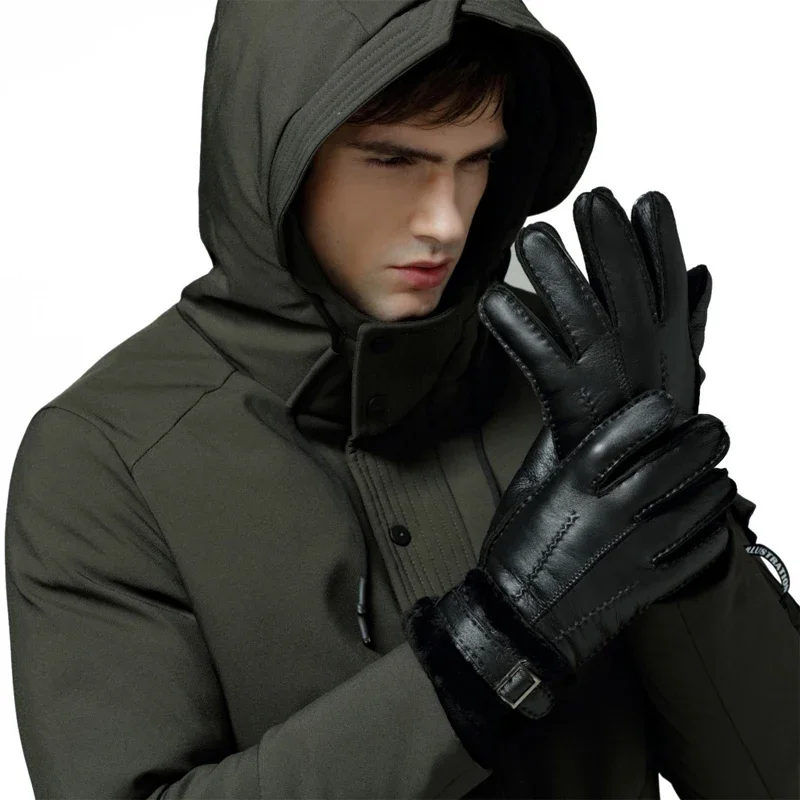 Gants chauds en cuir véritable pour hommes et femmes, mitaines en peau de mouton, fourrure de cachemire véritable, doigt complet, dames, hiver, 100%