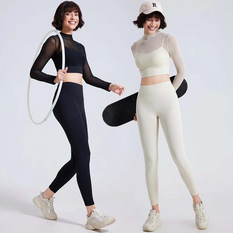 Yoga Set 2 Pieces Fitness Women Gym Suit Sexy mesh yoga dress long sleeve with chest pad Sportswear Female Workout