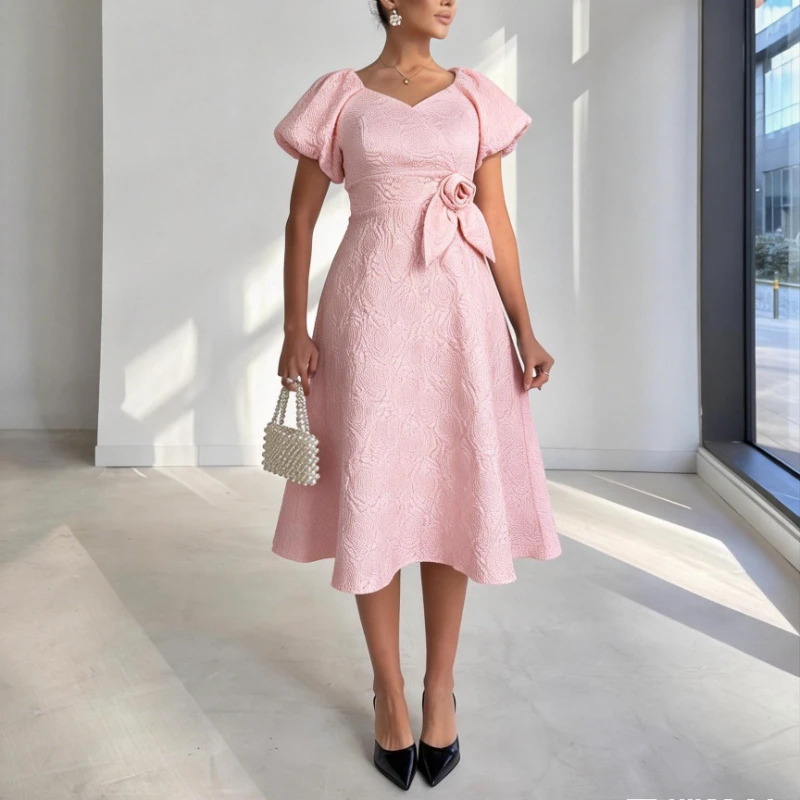 エレガントなピンクのジャカードミディドレス、パフスリーブ、Aライン、3Dフラワー、パーティー、ブライダルシャワー、女性、結婚式のゲスト、ホームカミングパーティーガウン