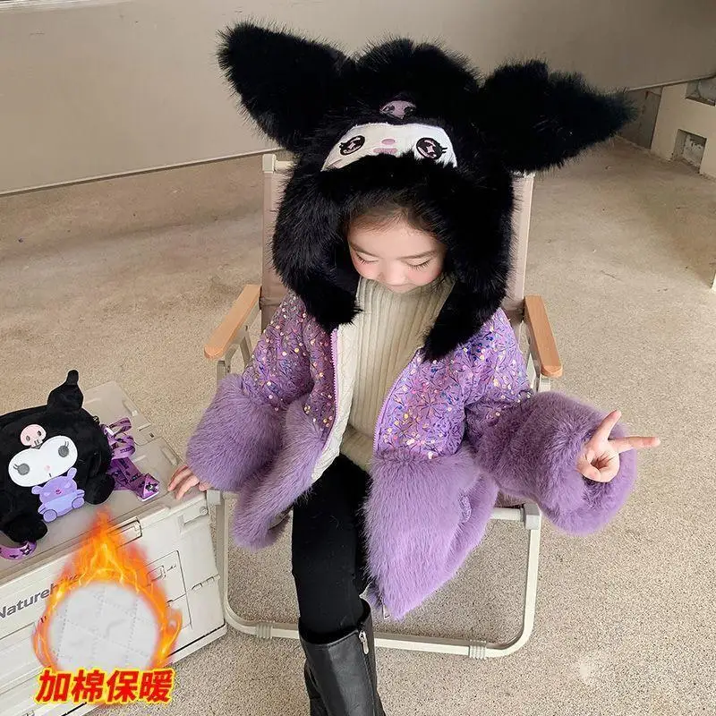 Sanrio Kuromi Girl Sequins Sweater Hooded Thicken Coat Parka Hello Kitty Kawaii Child New Products for Autumn and Winter Cartoon