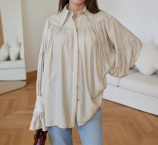 Fashionable style collar, flared sleeves, pleated loose long sleeved shirt top for spring/summer 2025 women's clothing