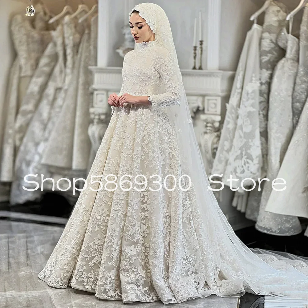 Lace Wedding Dress Customized Musilum hijab Bridal Gown High Neck Long Sleeves Sweep Train A Line Arabian Bridal Gown beskope