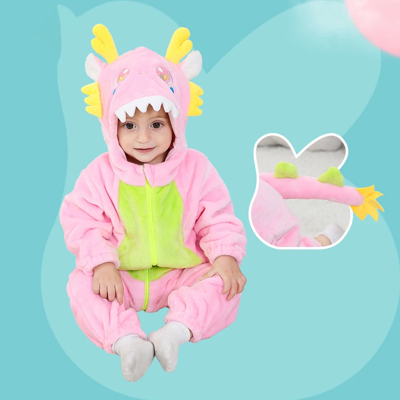 2024 New Cartoon Chinese Dragon Baby Rompers Winter Hooded Flannel Toddler Infant Clothes Bodysuits Jumpsuit Costume Halloween