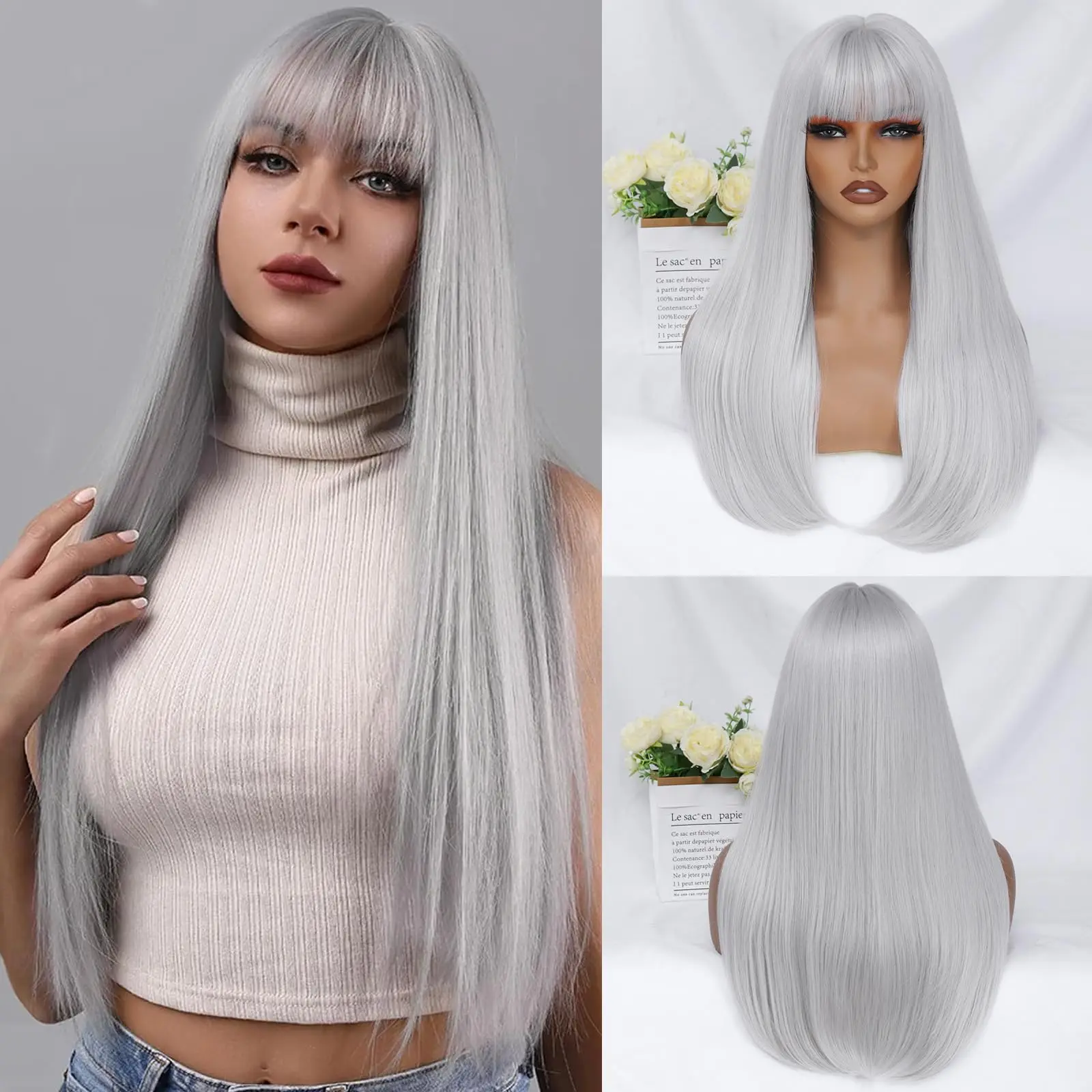 26-inch synthetic wig long straight hair Halloween wig cosplay wig role-playing party wig high-temperature hairnet