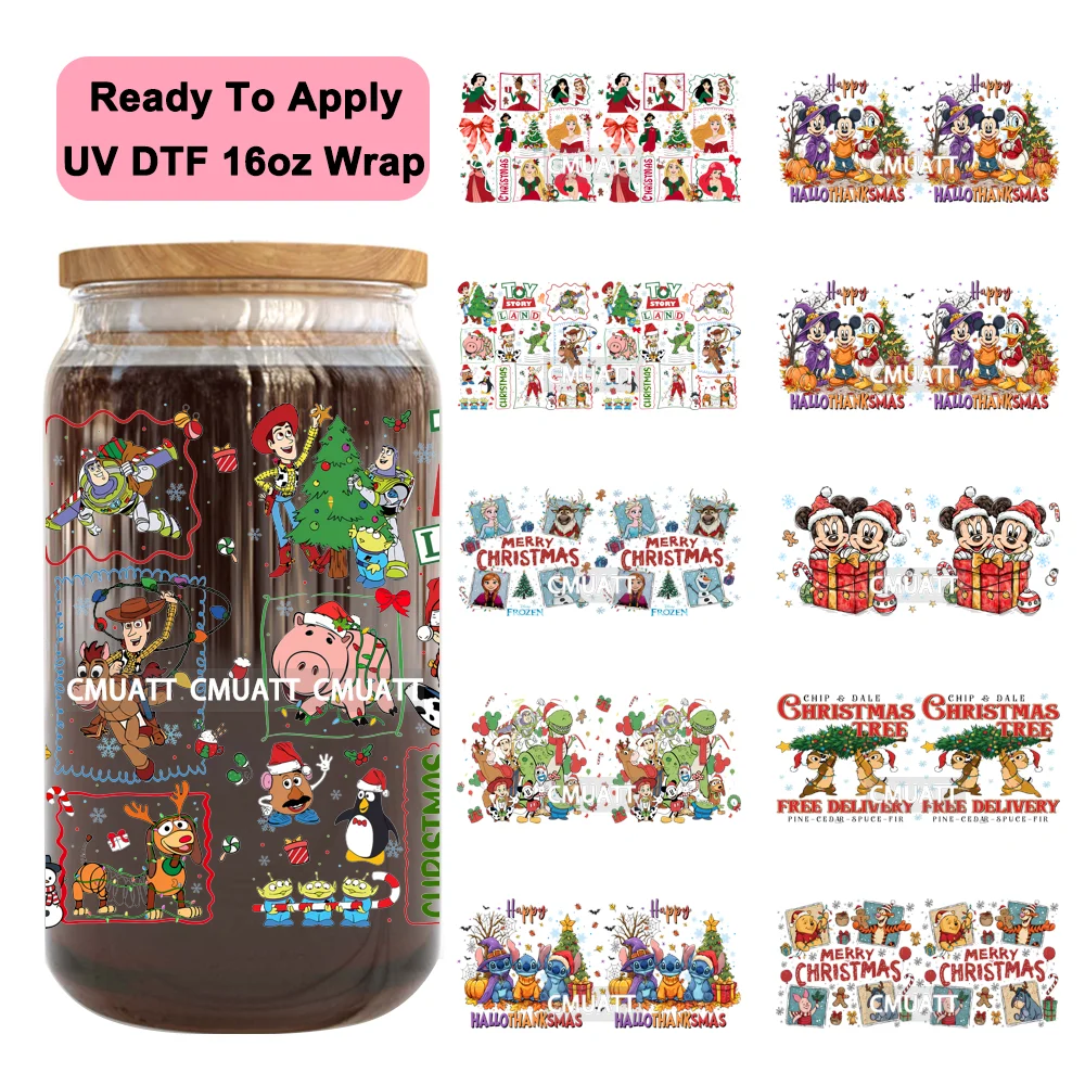 

Happy Hallothanksmas Cartoon Xmas Party UV DTF Stickers Ready To Apply Cup Wrap Custom Waterproof DIY Craft For Libbey Can Glass