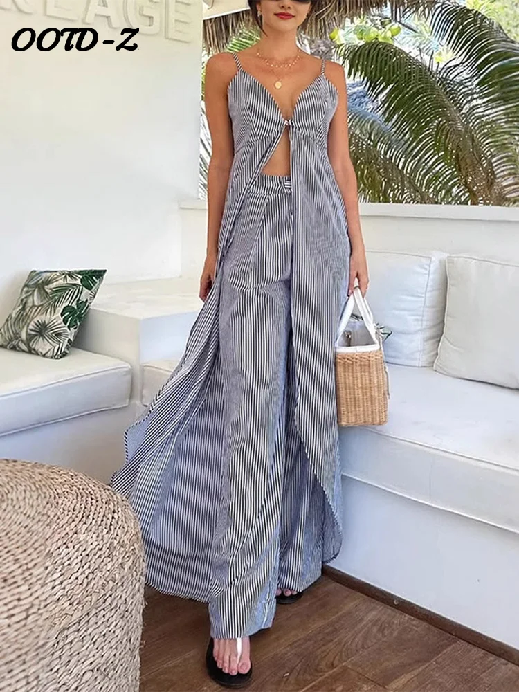 

Летний женский длинный топ в полоску, комплект из 2 предметов, праздничные сексуальные брюки с v-образным вырезом, простой наряд, новинка 2023 года, пляжные женские костюмы без рукавов