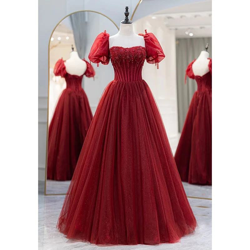 

Burgundy Women Evening Dresses Tulle Sequins Prom Party Gowns Formal Vestido De Noche Abenkleider robes de soirée