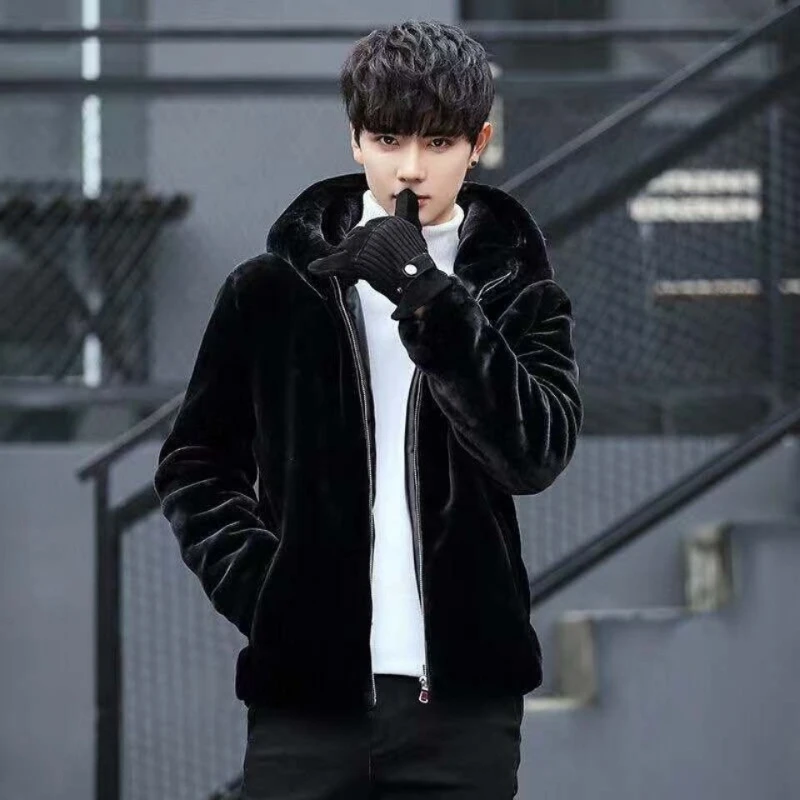 

New Men's Winter Faux Mink Fleece Cotton Padded Loose Fit Casual Warm Black Outerwear Coat