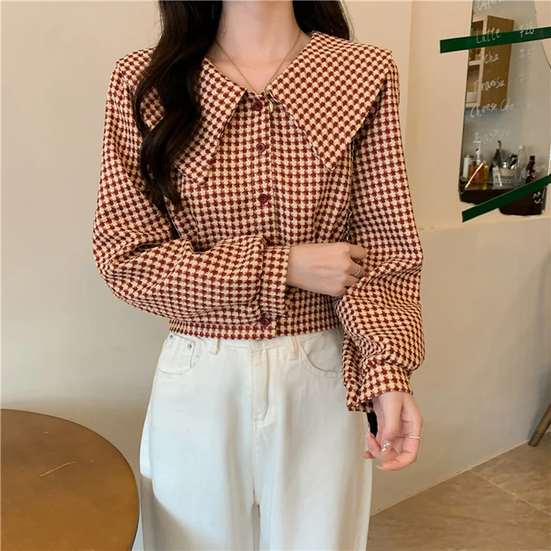 Gidyq Women Plaid Shirts Korean Fashion Streetwear Cropped Long Sleeve Tops Harajuku Female Casual Loose Shirts Autumn New