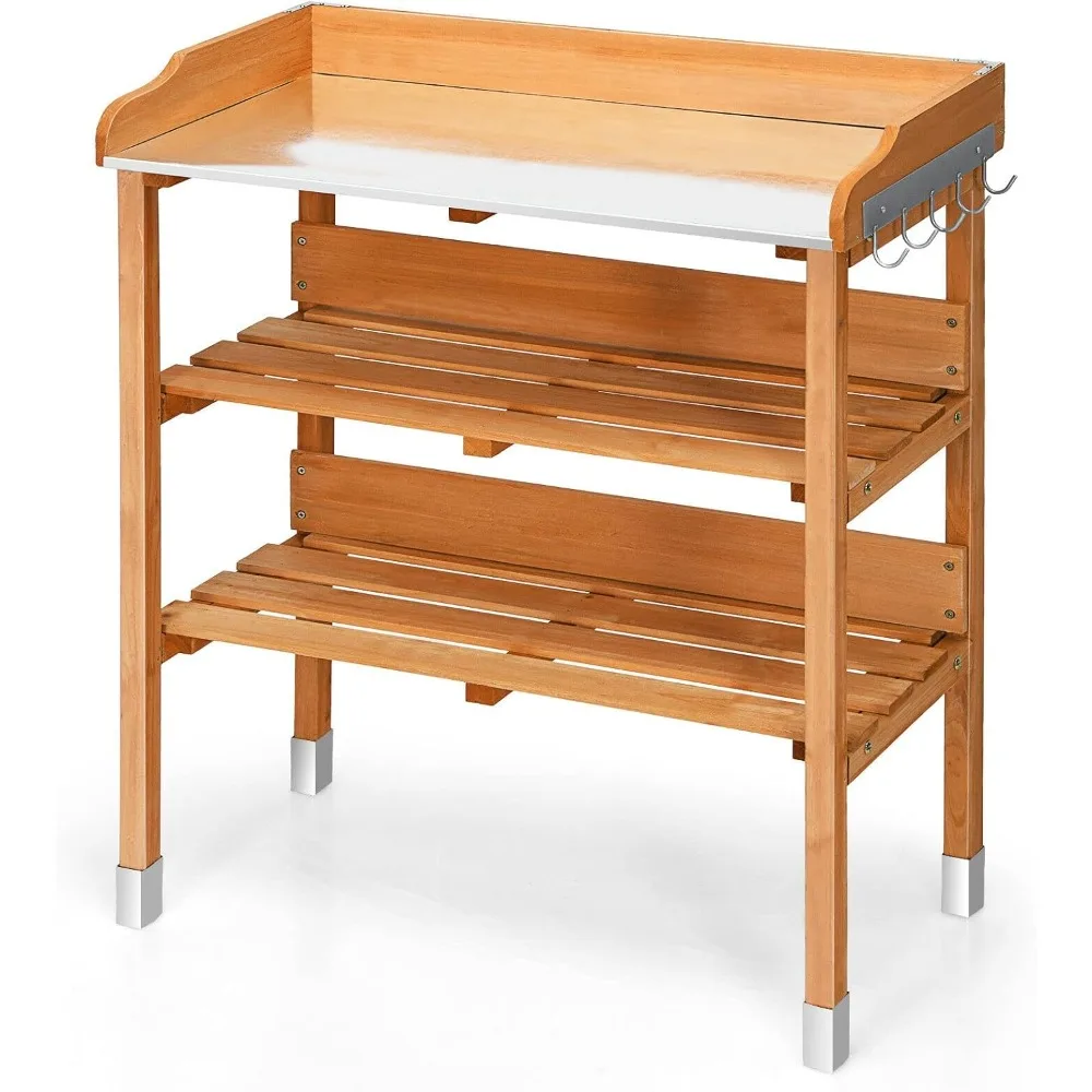 

LUARANE Wooden Garden Potting Bench Work Station, 3-Tier Storage Shelf, Metal Tabletop Bonsai Table with 5 Hooks on The Side