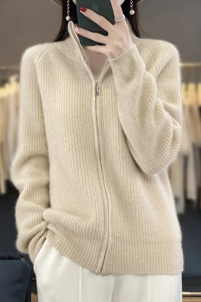 New Chic Women 100% Merino Wool Sweater Cardigan Autumn Winter Zipper Soft Knitwear Long Sleeve Wool Sweater Female Jacket Tops