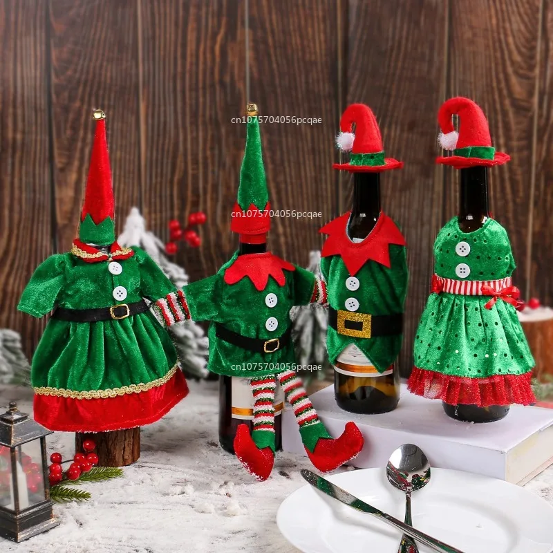 2024 Christmas Decorations Wine Bottle Cover Cute Wine Bottle Clothes with Hat Xmas Restaurant Christmas Elf Costume Bottle Set