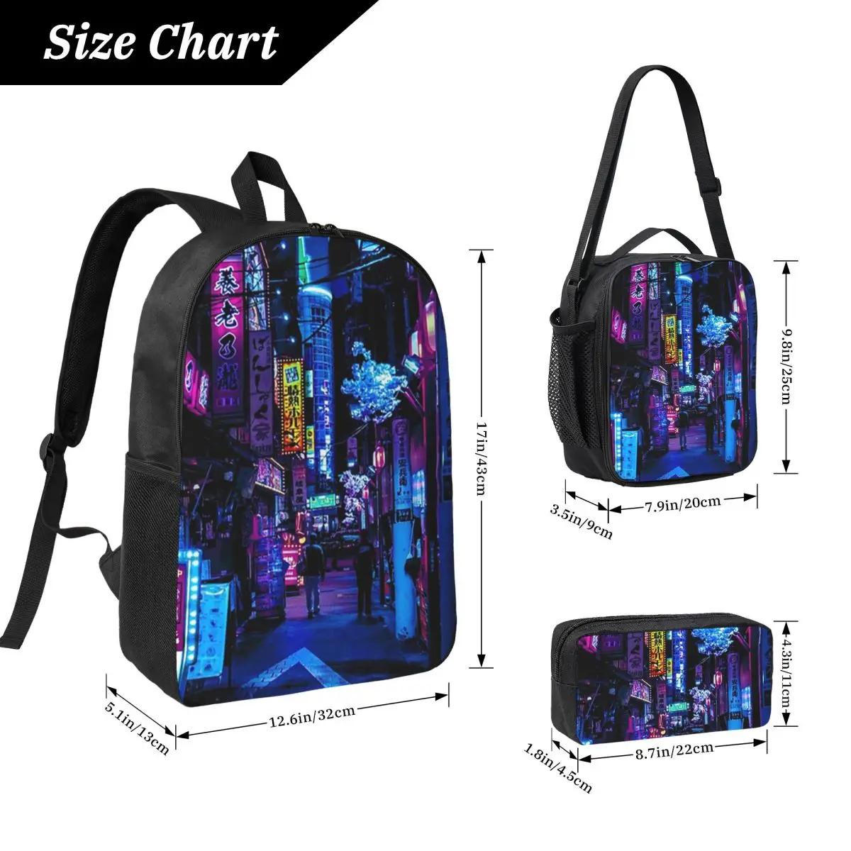 Blue Tokyo Alleys Backpack Student Boys Girls BookBag School Bag Computer Shoulder Bags 3ps Insulated Lunch Bag Pencil Case