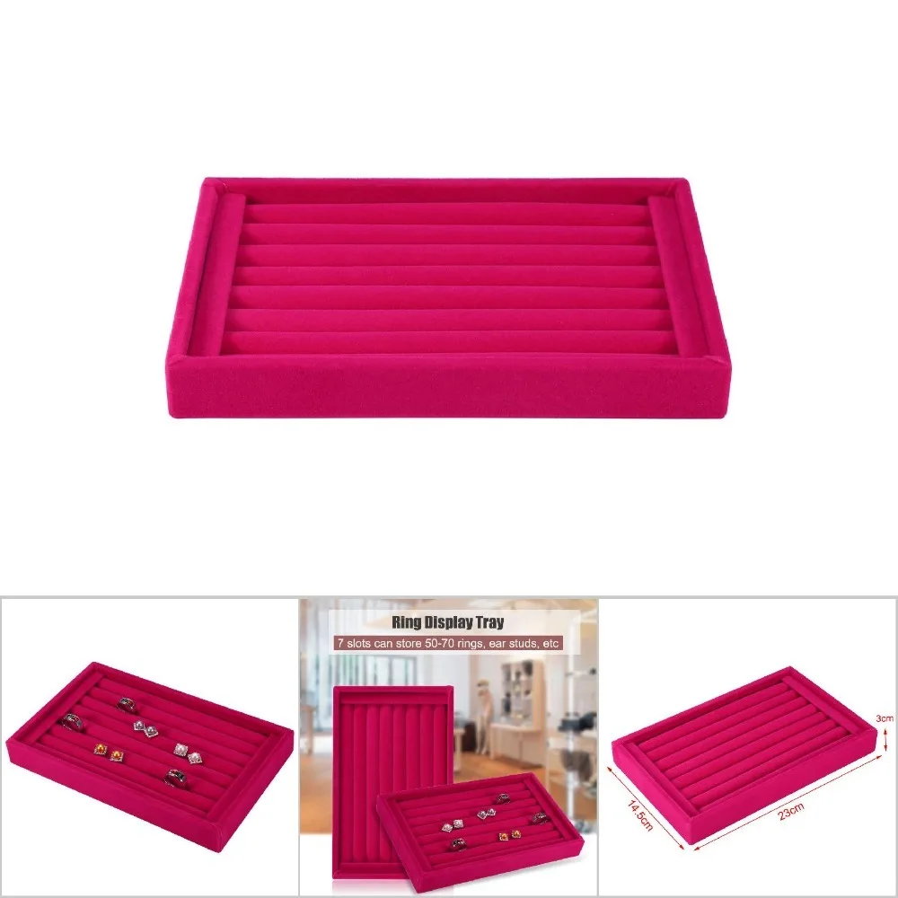 صينية عرض حلقة من المواد المخملية العملية لون أحمر 7 فتحات تصميم منظم المجوهرات علبة عرض المجوهرات تخزين المجوهرات