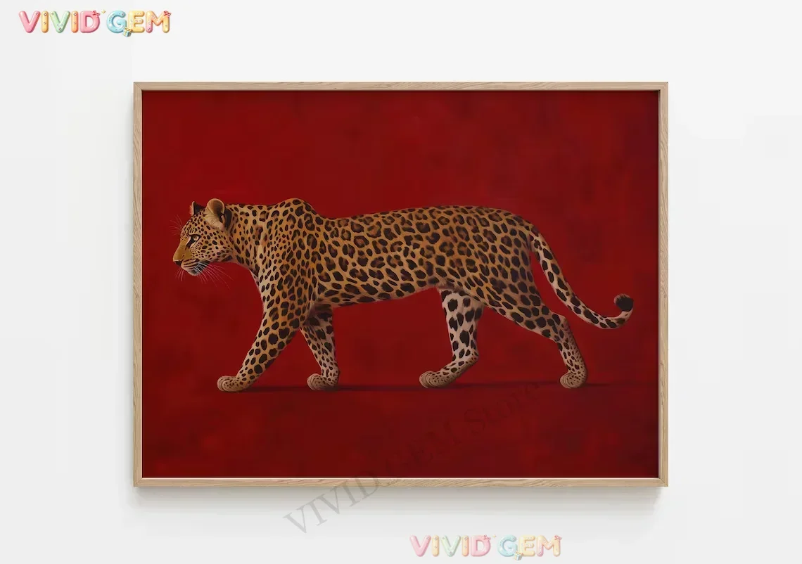 VIVID GEM Red Leopard Oil Painting - Framed Poster, Old Money Wall Art, Burgundy Vintage Artwork, Maximalist Print, Luxe Masc