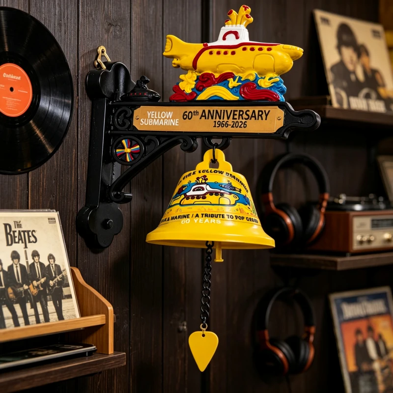 Yellow Submarine 60th Anniversary Wall Mount Door Bell The Beatles Rock Band Decor Resin Submarine StatueMetal Hanging Bell Home