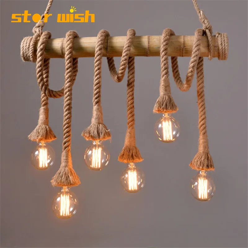 

Star wish Bamboo hemp rope pendant lights creative restaurant decoration lamps retro bar table garden bamboo hunging light