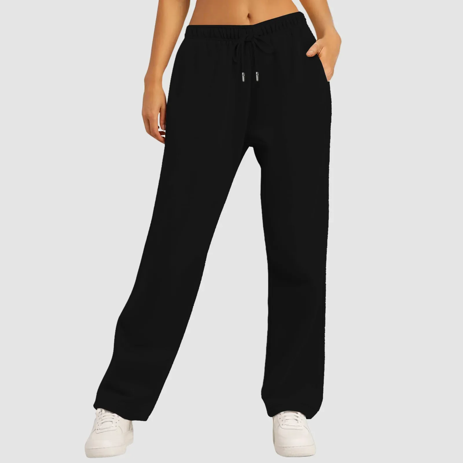 Pantalones de chándal con forro polar para mujer, pantalones de pierna ancha y recta, pantalones de chándal con parte inferior, pantalones para correr, pantalones de entrenamiento de cintura alta con bolsillos