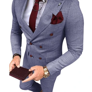 بدلة تويد منقوشة للرجال ، سترة وبنطلون مزدوج الصدر ، لكمة العريس ، ملابس زفاف حفلة موسيقية أفضل 11 بدلة مبيعا - رقم 9